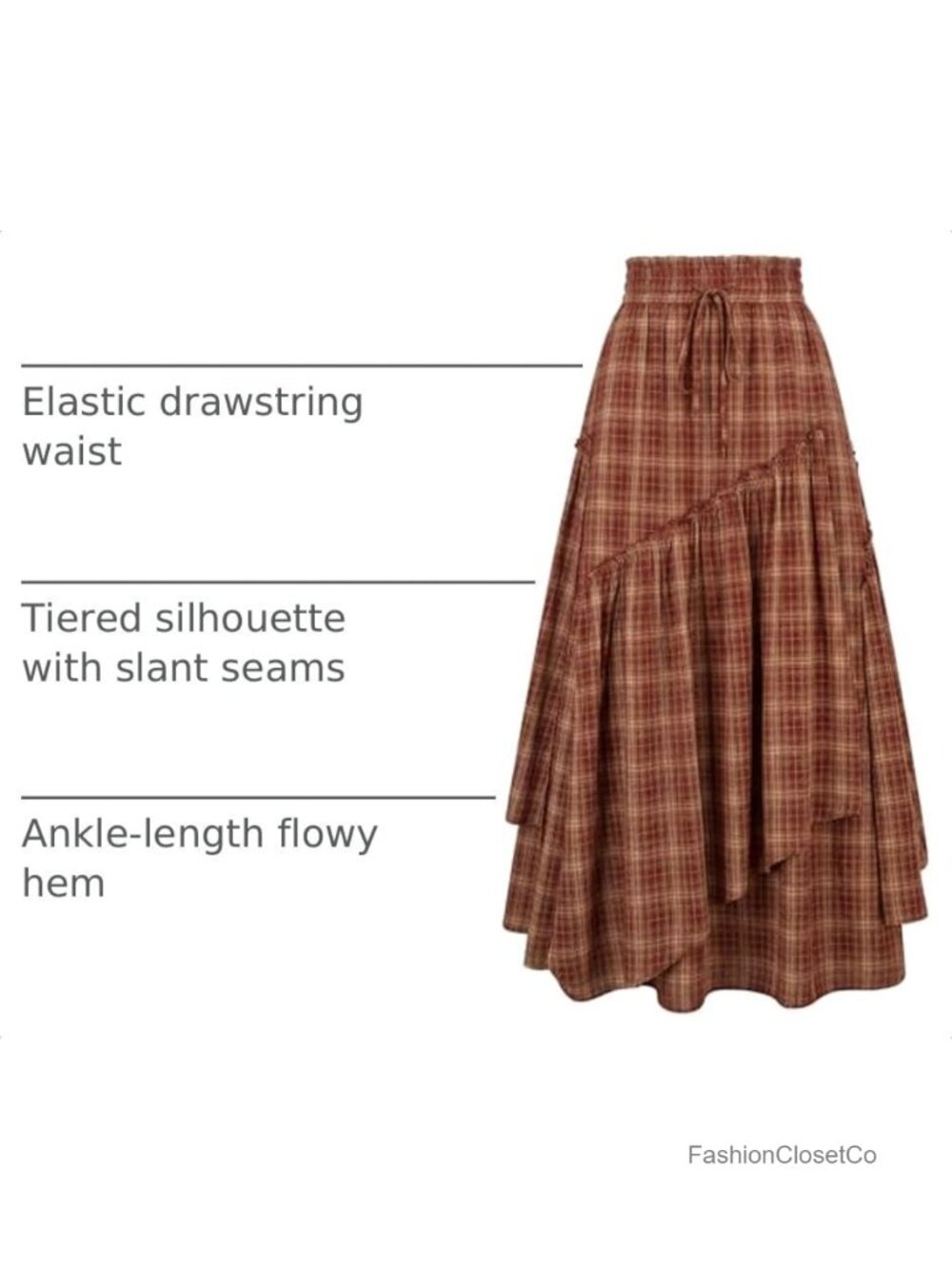 Long Plaid A-Line Maxi Skirt with Pockets Elastic Waist Renaissance - Picture 3 of 6